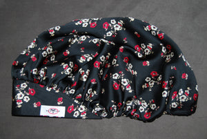 Florals on Midnight Black Satin Scrub Hat Featherweight